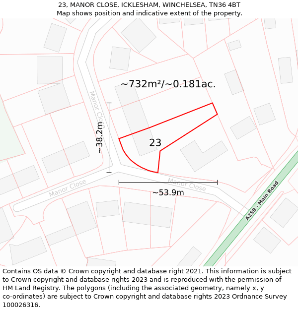 23, MANOR CLOSE, ICKLESHAM, WINCHELSEA, TN36 4BT: Plot and title map