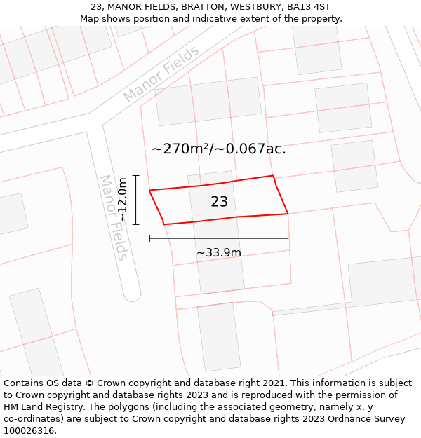 23, MANOR FIELDS, BRATTON, WESTBURY, BA13 4ST: Plot and title map