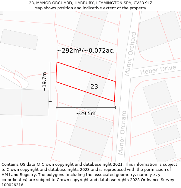 23, MANOR ORCHARD, HARBURY, LEAMINGTON SPA, CV33 9LZ: Plot and title map