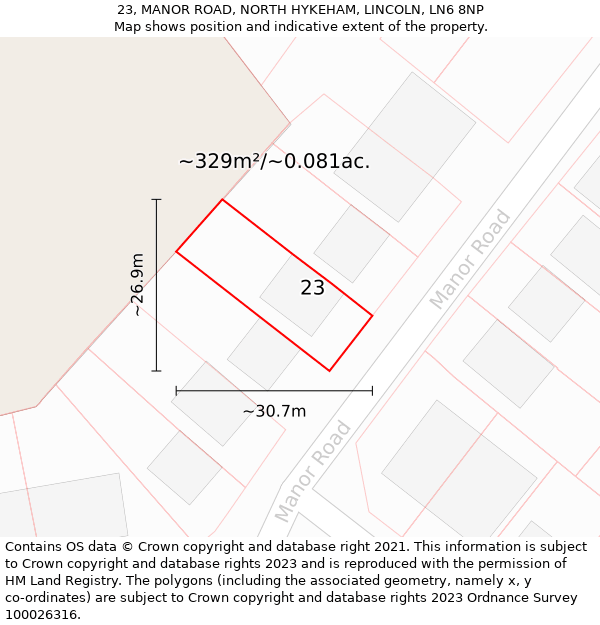 23, MANOR ROAD, NORTH HYKEHAM, LINCOLN, LN6 8NP: Plot and title map