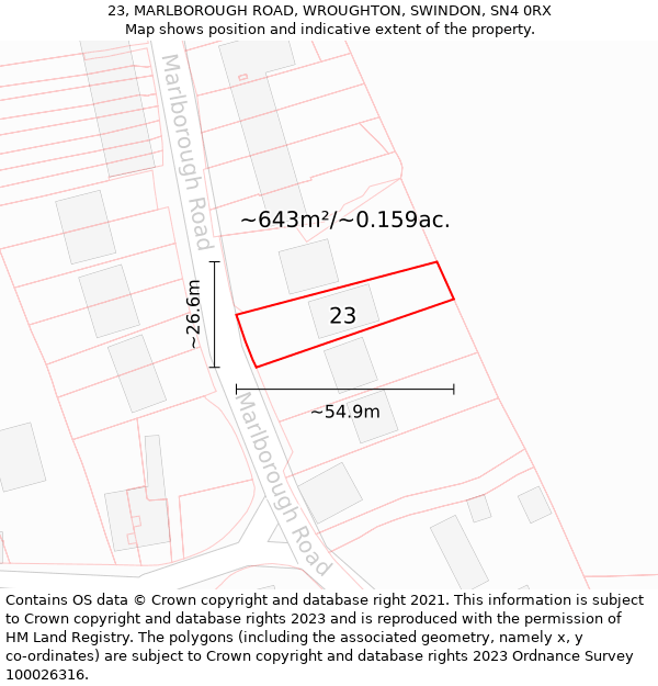 23, MARLBOROUGH ROAD, WROUGHTON, SWINDON, SN4 0RX: Plot and title map