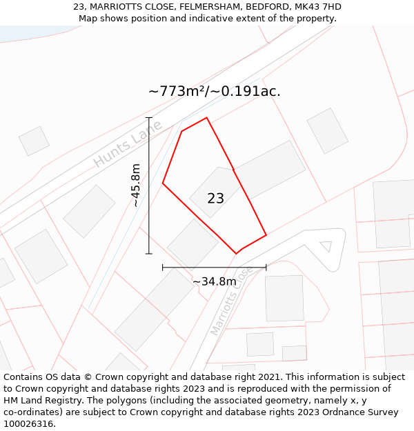 23, MARRIOTTS CLOSE, FELMERSHAM, BEDFORD, MK43 7HD: Plot and title map