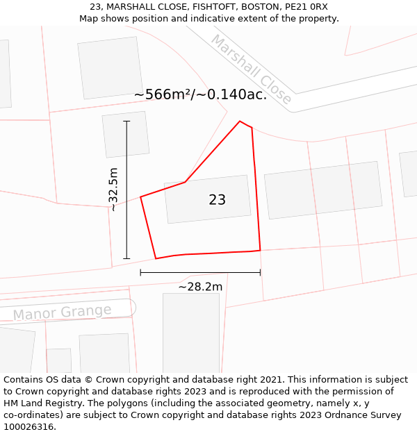 23, MARSHALL CLOSE, FISHTOFT, BOSTON, PE21 0RX: Plot and title map