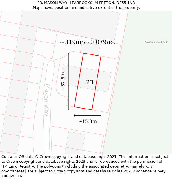 23, MASON WAY, LEABROOKS, ALFRETON, DE55 1NB: Plot and title map