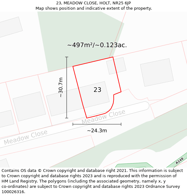 23, MEADOW CLOSE, HOLT, NR25 6JP: Plot and title map