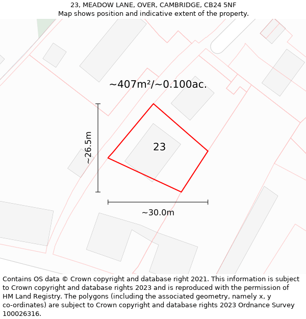 23, MEADOW LANE, OVER, CAMBRIDGE, CB24 5NF: Plot and title map