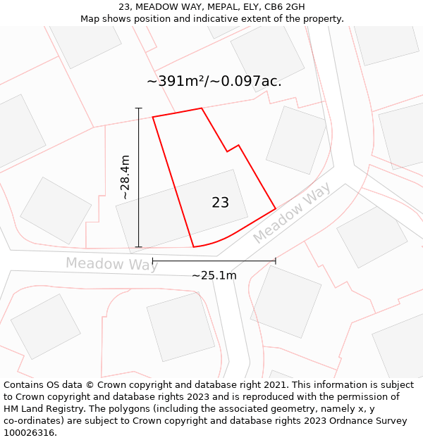 23, MEADOW WAY, MEPAL, ELY, CB6 2GH: Plot and title map