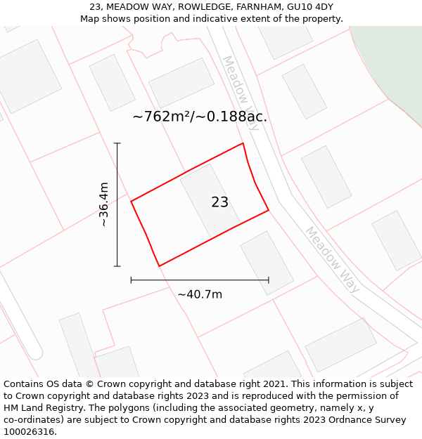 23, MEADOW WAY, ROWLEDGE, FARNHAM, GU10 4DY: Plot and title map