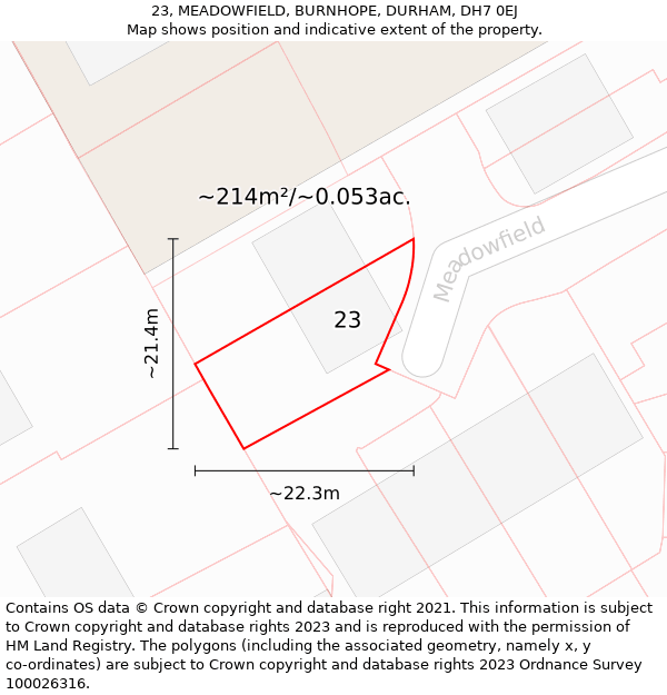 23, MEADOWFIELD, BURNHOPE, DURHAM, DH7 0EJ: Plot and title map