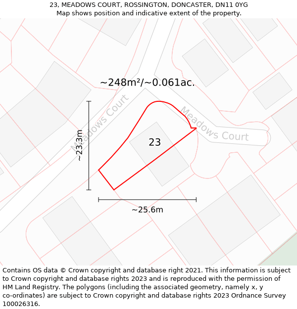 23, MEADOWS COURT, ROSSINGTON, DONCASTER, DN11 0YG: Plot and title map