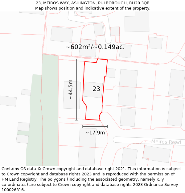 23, MEIROS WAY, ASHINGTON, PULBOROUGH, RH20 3QB: Plot and title map
