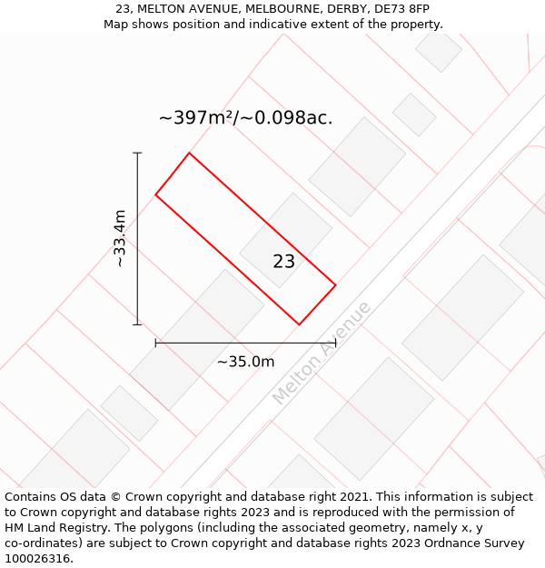 23, MELTON AVENUE, MELBOURNE, DERBY, DE73 8FP: Plot and title map