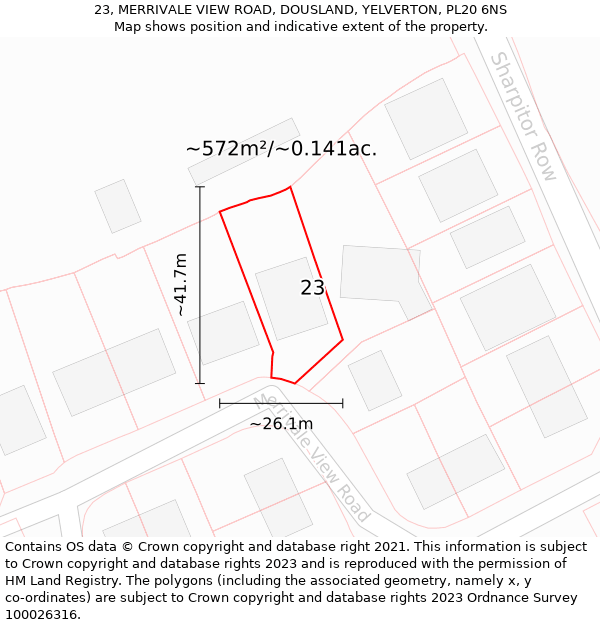 23, MERRIVALE VIEW ROAD, DOUSLAND, YELVERTON, PL20 6NS: Plot and title map