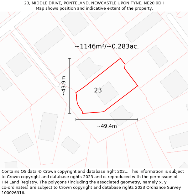 23, MIDDLE DRIVE, PONTELAND, NEWCASTLE UPON TYNE, NE20 9DH: Plot and title map