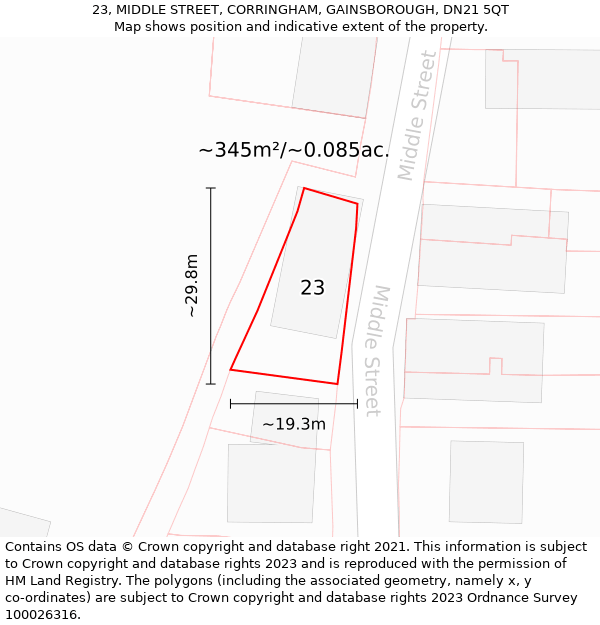 23, MIDDLE STREET, CORRINGHAM, GAINSBOROUGH, DN21 5QT: Plot and title map