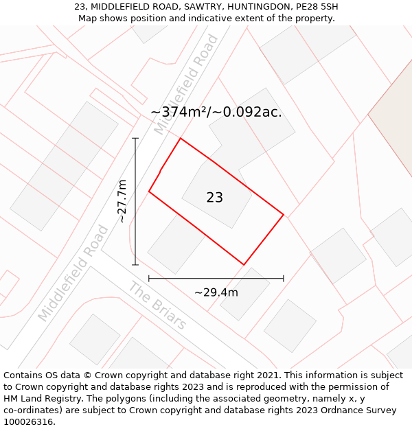 23, MIDDLEFIELD ROAD, SAWTRY, HUNTINGDON, PE28 5SH: Plot and title map