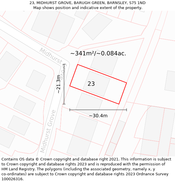 23, MIDHURST GROVE, BARUGH GREEN, BARNSLEY, S75 1ND: Plot and title map