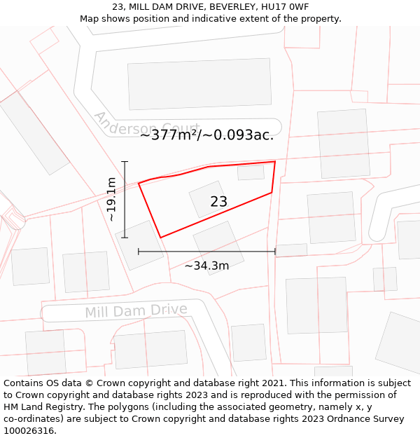 23, MILL DAM DRIVE, BEVERLEY, HU17 0WF: Plot and title map