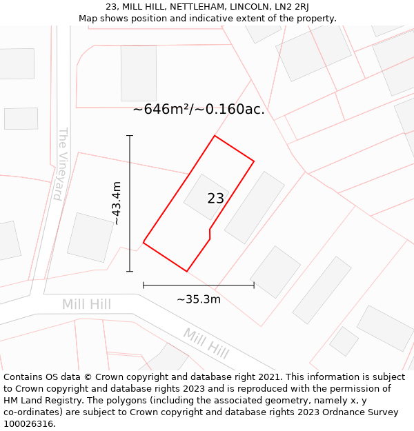 23, MILL HILL, NETTLEHAM, LINCOLN, LN2 2RJ: Plot and title map