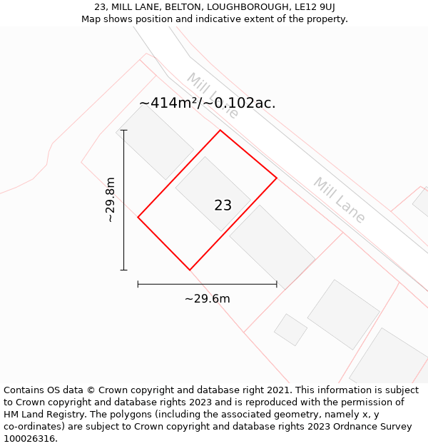 23, MILL LANE, BELTON, LOUGHBOROUGH, LE12 9UJ: Plot and title map