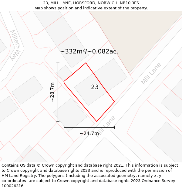 23, MILL LANE, HORSFORD, NORWICH, NR10 3ES: Plot and title map