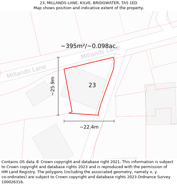 23, MILLANDS LANE, KILVE, BRIDGWATER, TA5 1ED: Plot and title map