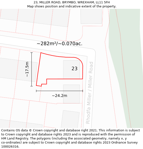 23, MILLER ROAD, BRYMBO, WREXHAM, LL11 5FH: Plot and title map