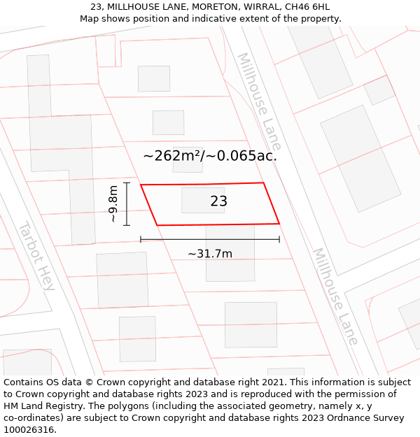 23, MILLHOUSE LANE, MORETON, WIRRAL, CH46 6HL: Plot and title map