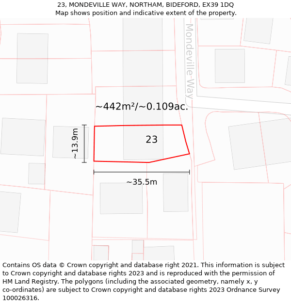 23, MONDEVILLE WAY, NORTHAM, BIDEFORD, EX39 1DQ: Plot and title map