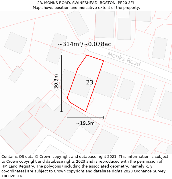 23, MONKS ROAD, SWINESHEAD, BOSTON, PE20 3EL: Plot and title map