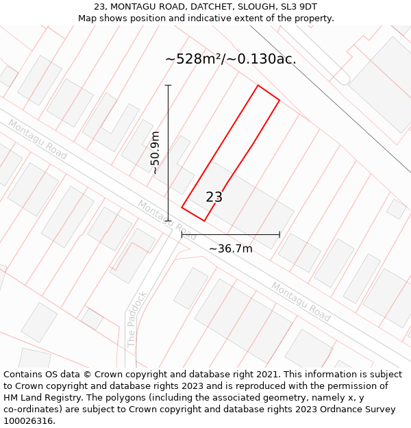 23, MONTAGU ROAD, DATCHET, SLOUGH, SL3 9DT: Plot and title map