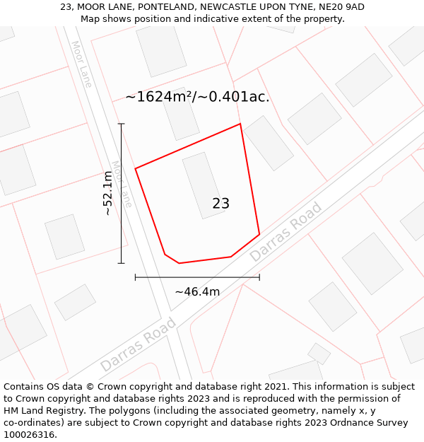 23, MOOR LANE, PONTELAND, NEWCASTLE UPON TYNE, NE20 9AD: Plot and title map