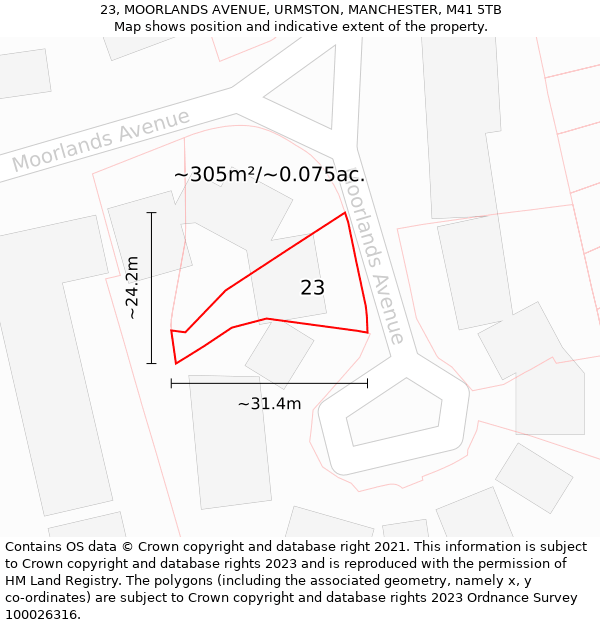 23, MOORLANDS AVENUE, URMSTON, MANCHESTER, M41 5TB: Plot and title map