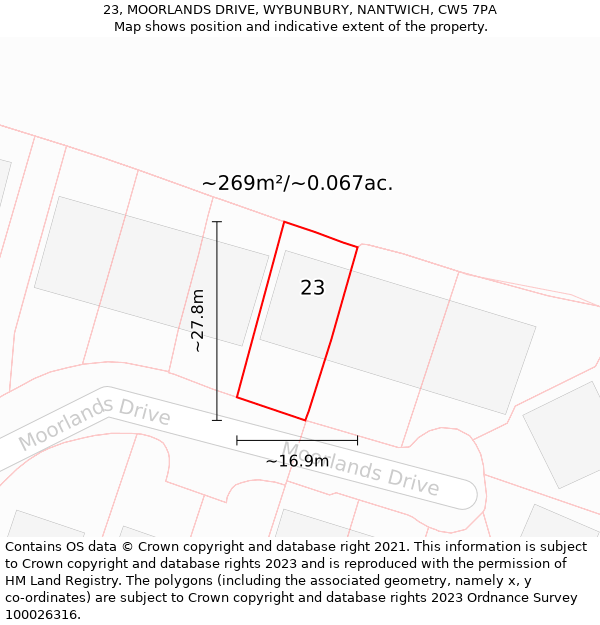 23, MOORLANDS DRIVE, WYBUNBURY, NANTWICH, CW5 7PA: Plot and title map