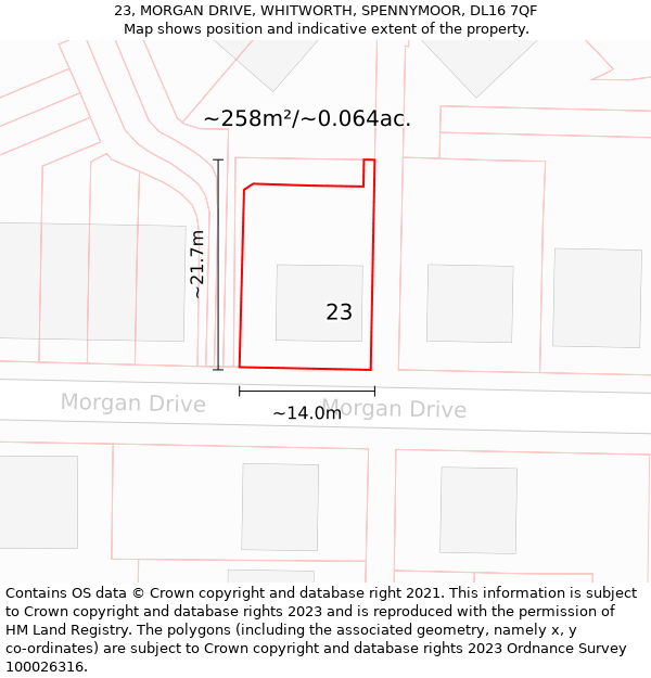 23, MORGAN DRIVE, WHITWORTH, SPENNYMOOR, DL16 7QF: Plot and title map