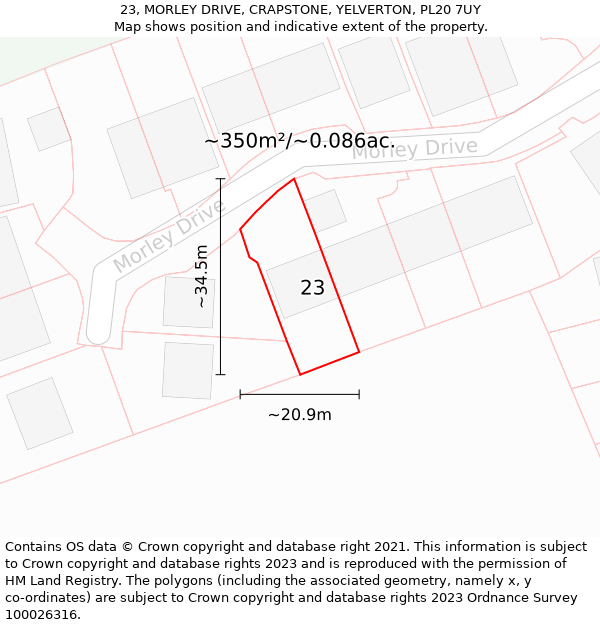 23, MORLEY DRIVE, CRAPSTONE, YELVERTON, PL20 7UY: Plot and title map