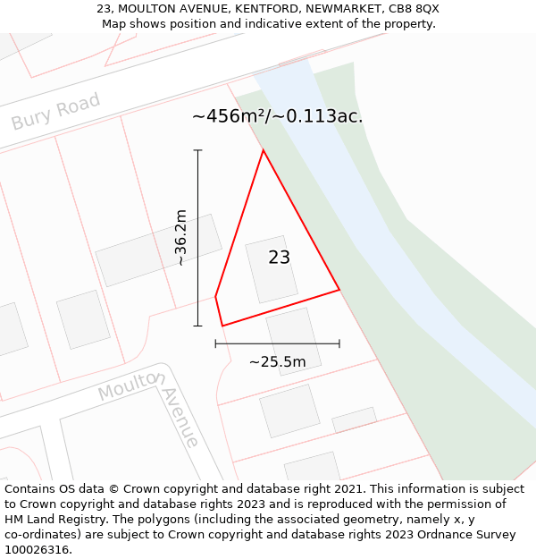 23, MOULTON AVENUE, KENTFORD, NEWMARKET, CB8 8QX: Plot and title map