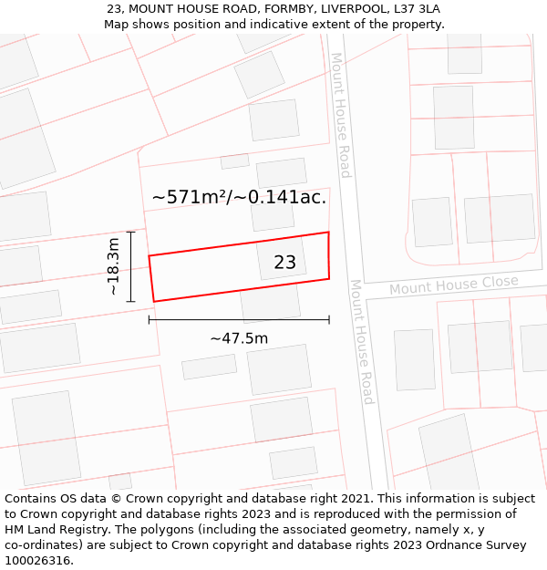 23, MOUNT HOUSE ROAD, FORMBY, LIVERPOOL, L37 3LA: Plot and title map