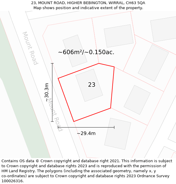 23, MOUNT ROAD, HIGHER BEBINGTON, WIRRAL, CH63 5QA: Plot and title map
