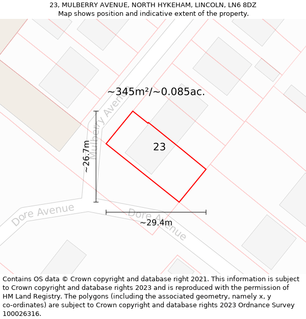 23, MULBERRY AVENUE, NORTH HYKEHAM, LINCOLN, LN6 8DZ: Plot and title map