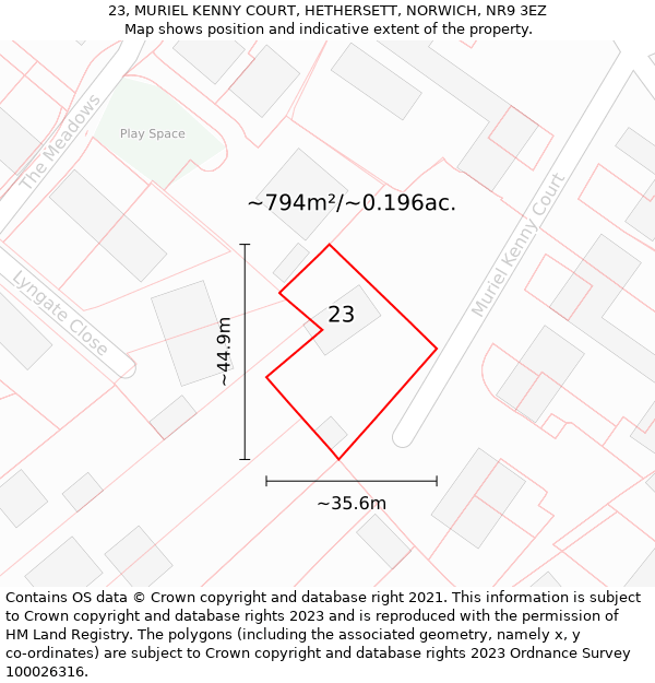 23, MURIEL KENNY COURT, HETHERSETT, NORWICH, NR9 3EZ: Plot and title map