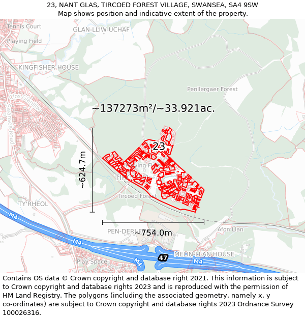 23, NANT GLAS, TIRCOED FOREST VILLAGE, SWANSEA, SA4 9SW: Plot and title map