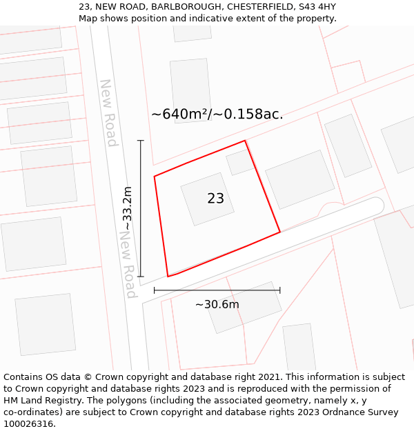 23, NEW ROAD, BARLBOROUGH, CHESTERFIELD, S43 4HY: Plot and title map