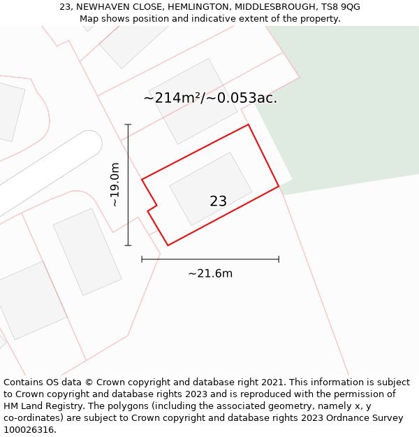 23, NEWHAVEN CLOSE, HEMLINGTON, MIDDLESBROUGH, TS8 9QG: Plot and title map