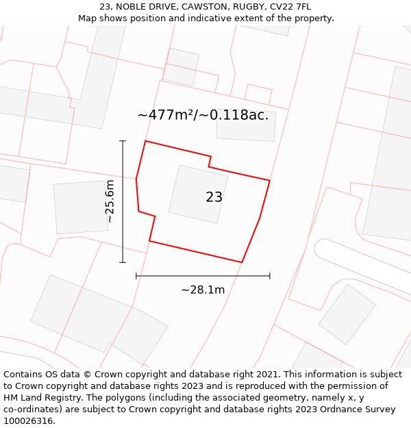 23, NOBLE DRIVE, CAWSTON, RUGBY, CV22 7FL: Plot and title map