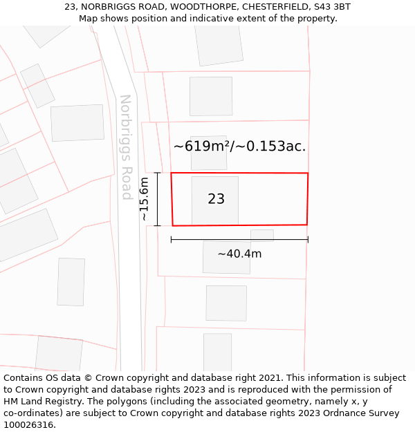 23, NORBRIGGS ROAD, WOODTHORPE, CHESTERFIELD, S43 3BT: Plot and title map