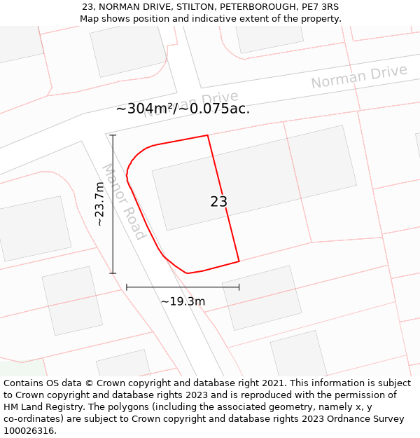 23, NORMAN DRIVE, STILTON, PETERBOROUGH, PE7 3RS: Plot and title map