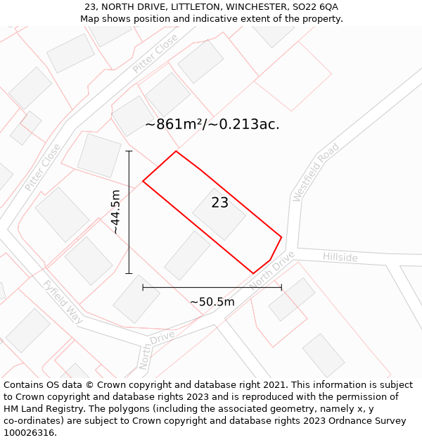 23, NORTH DRIVE, LITTLETON, WINCHESTER, SO22 6QA: Plot and title map