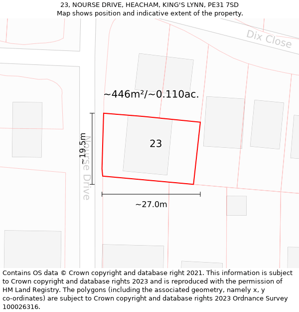 23, NOURSE DRIVE, HEACHAM, KING'S LYNN, PE31 7SD: Plot and title map