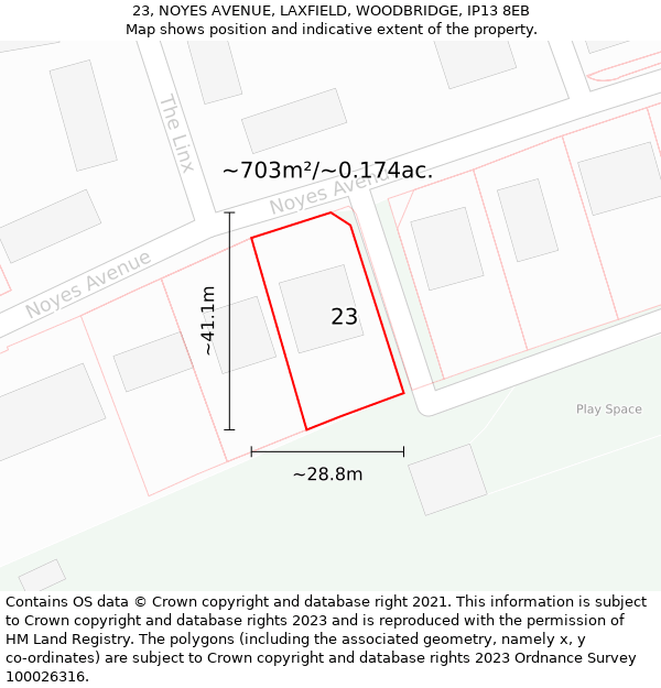 23, NOYES AVENUE, LAXFIELD, WOODBRIDGE, IP13 8EB: Plot and title map